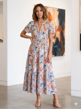 NWOT Anthropologie Maeve Somerset Maxi Dress Mulberry Motif Large L,Cotton 100%